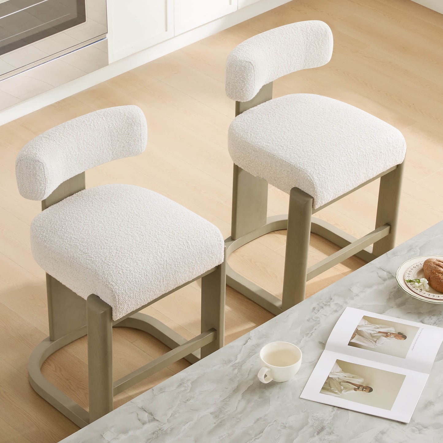 Boucle Counter Stools With Solid Wood Legs