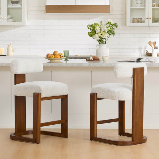 Boucle Counter Stools With Solid Wood Legs