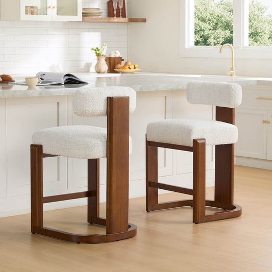 Boucle Counter Stools With Solid Wood Legs