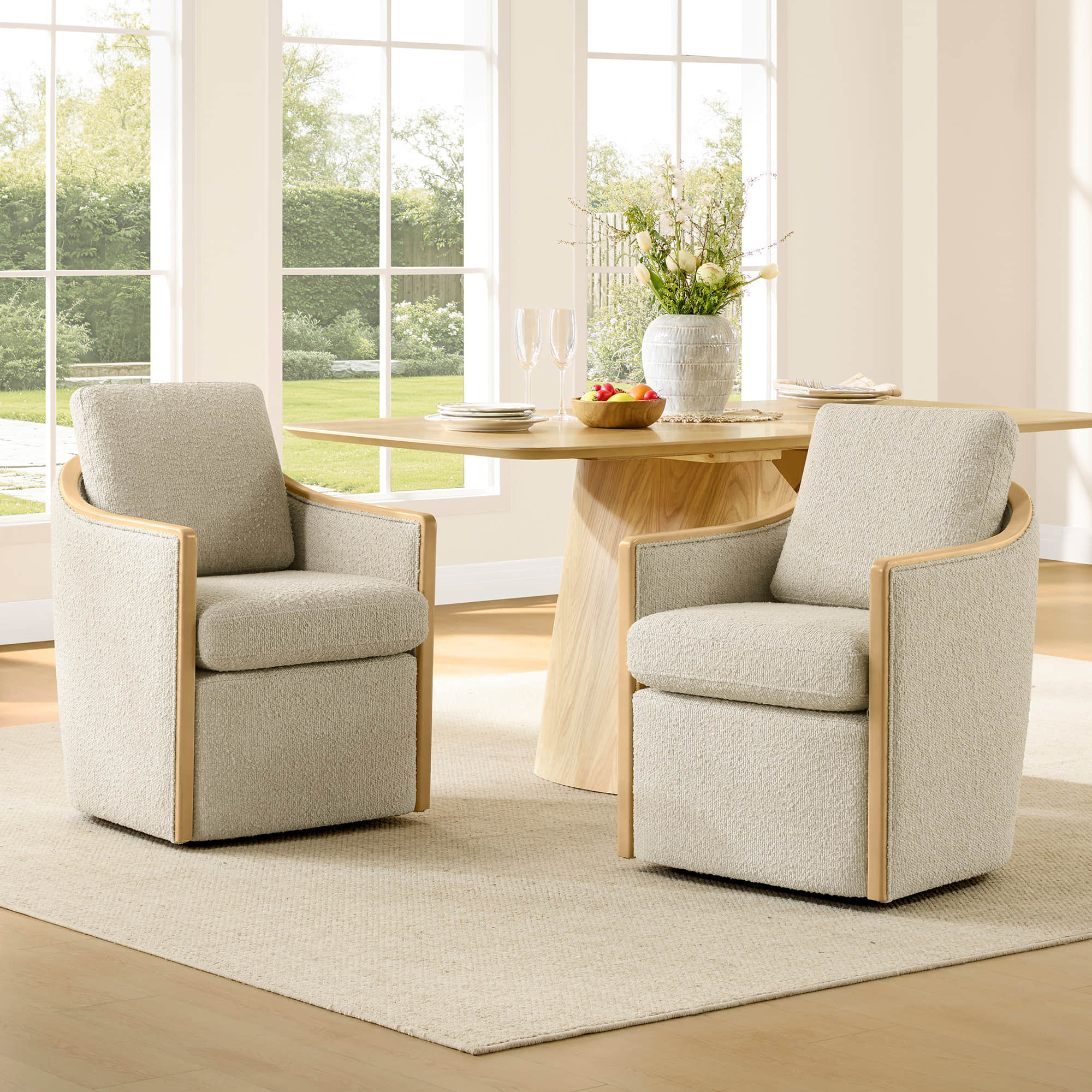 Boucle Dining Chair Set of 2 with Rolling Base