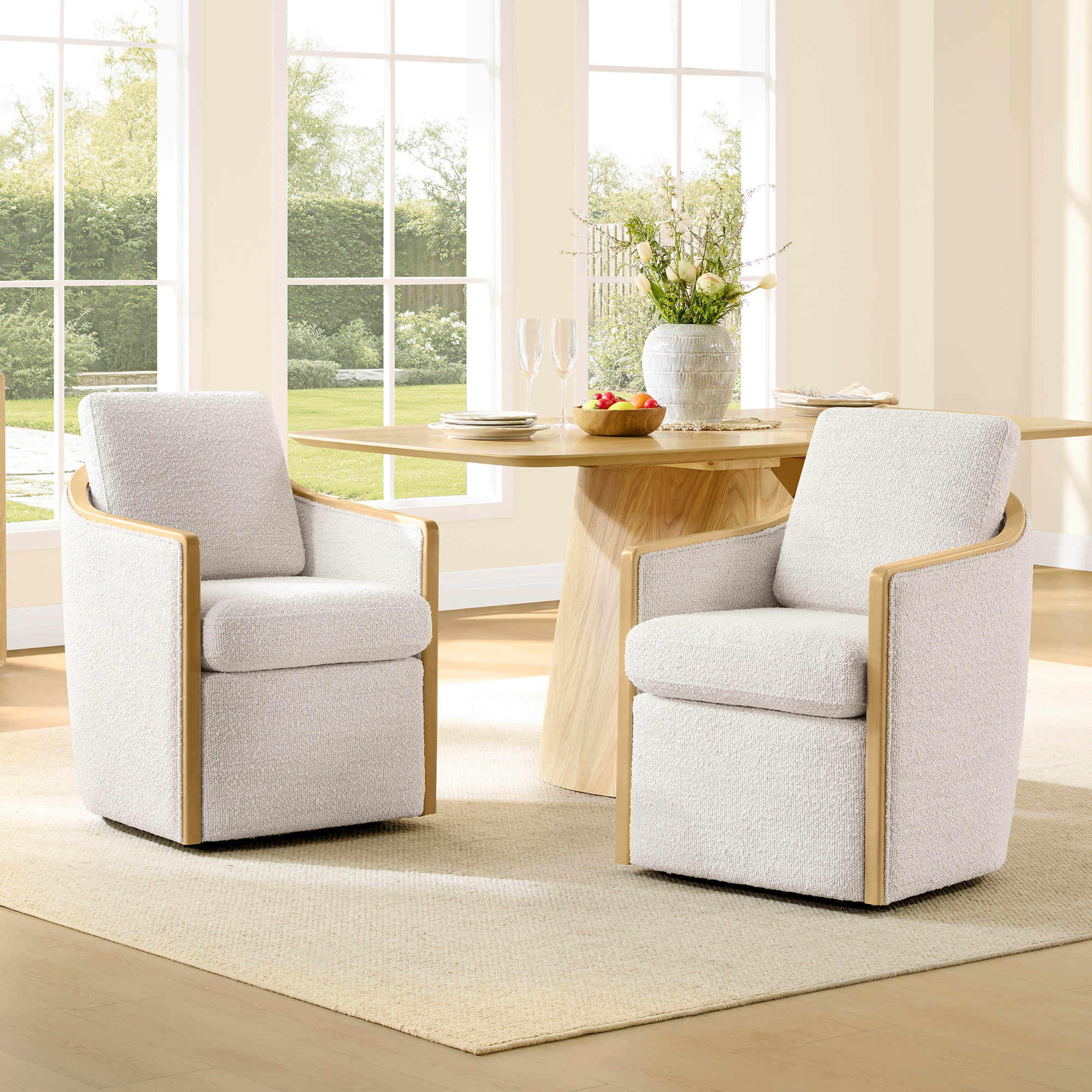 Boucle Dining Chair Set of 2 with Rolling Base
