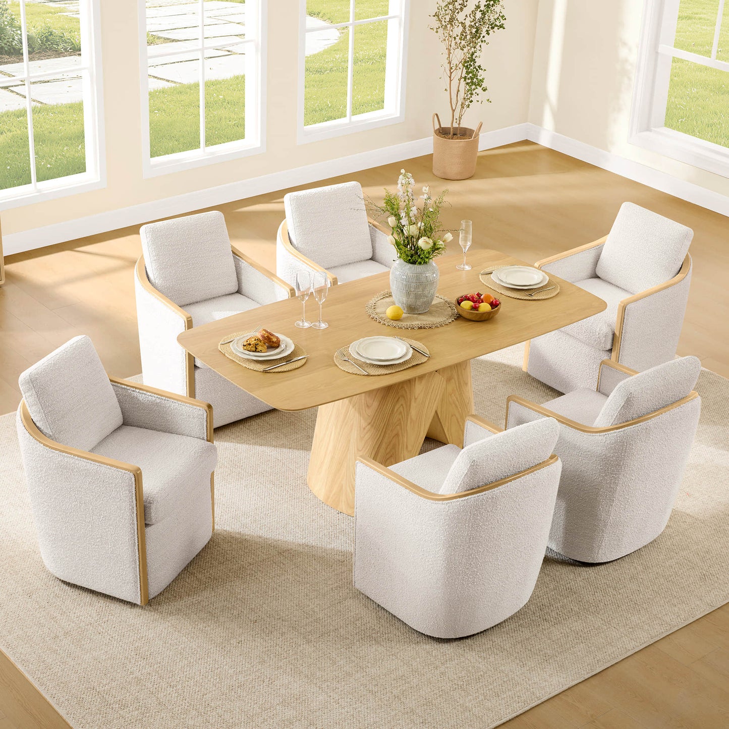 Boucle Dining Chair Set of 2 with Rolling Base