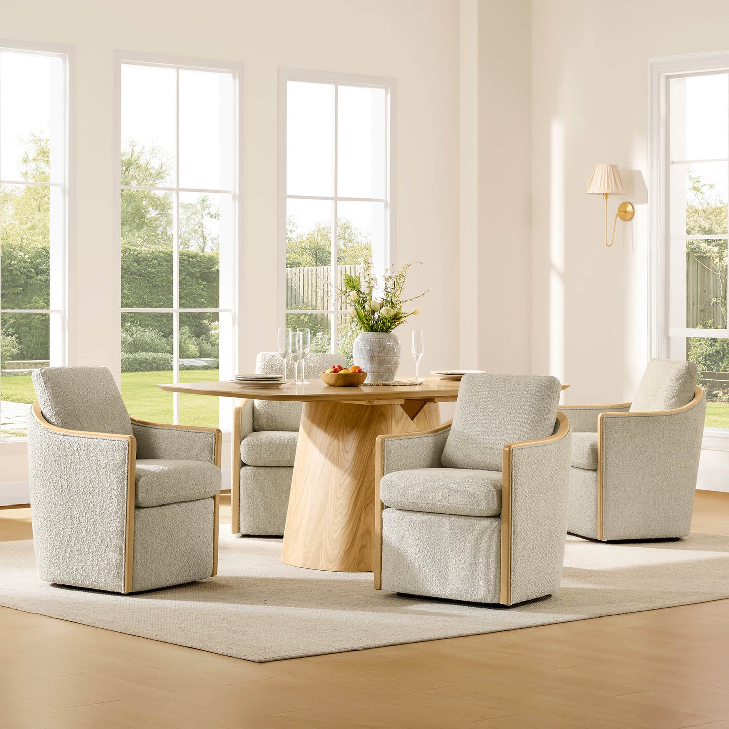 Boucle Dining Chair Set of 2 with Rolling Base
