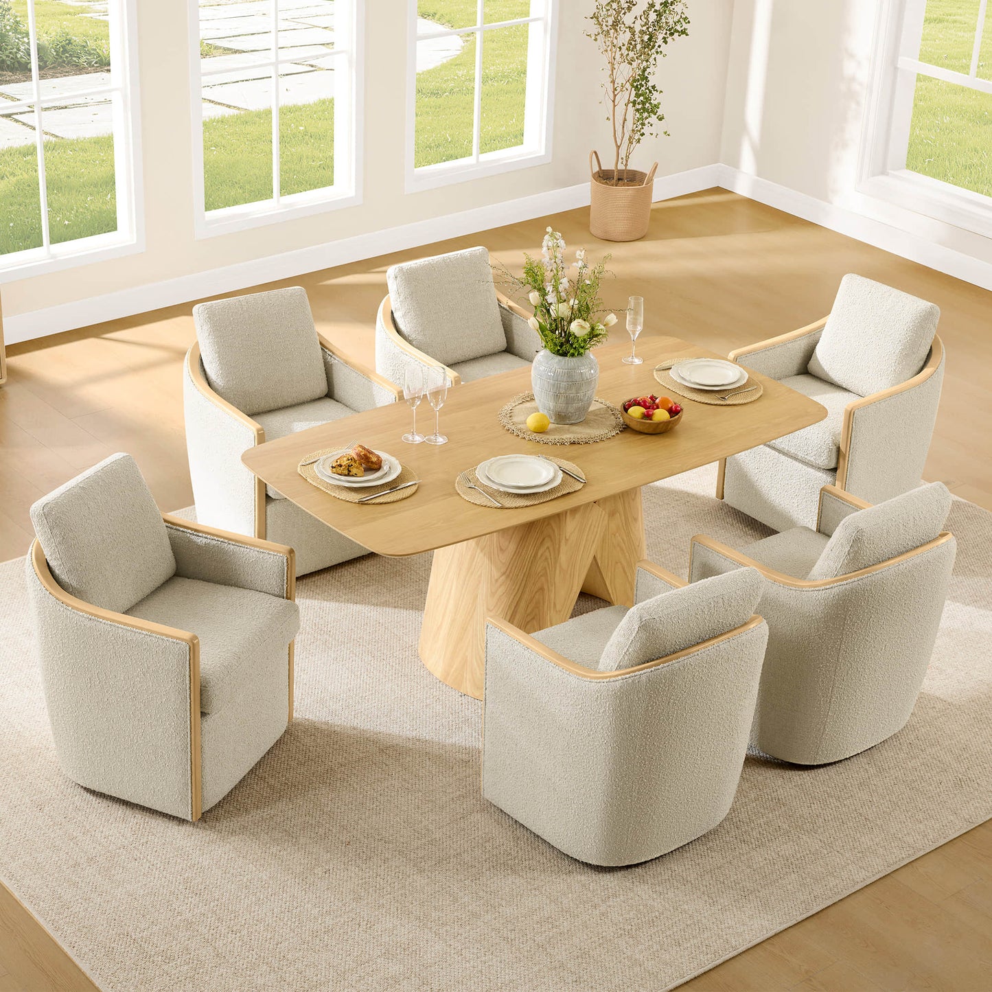 Boucle Dining Chair Set of 2 with Rolling Base