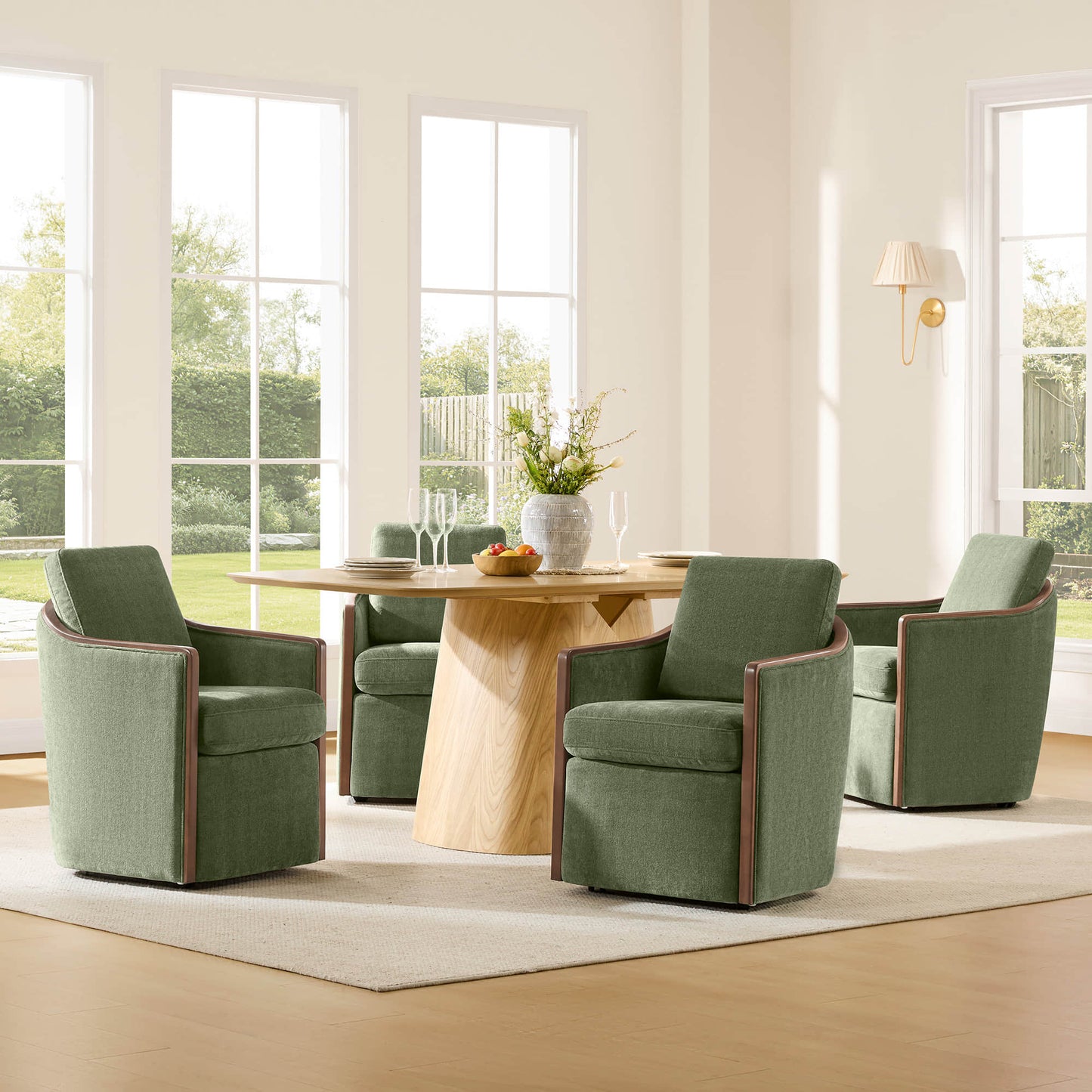 Boucle Dining Chair Set of 2 with Rolling Base