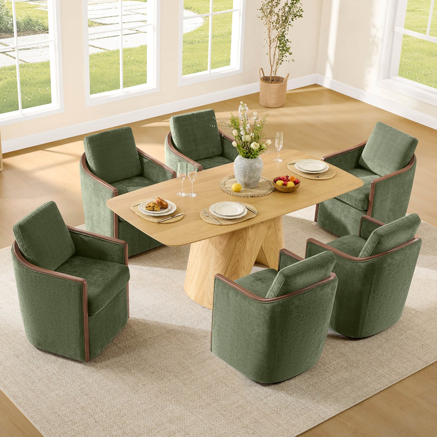 Boucle Dining Chair Set of 2 with Rolling Base