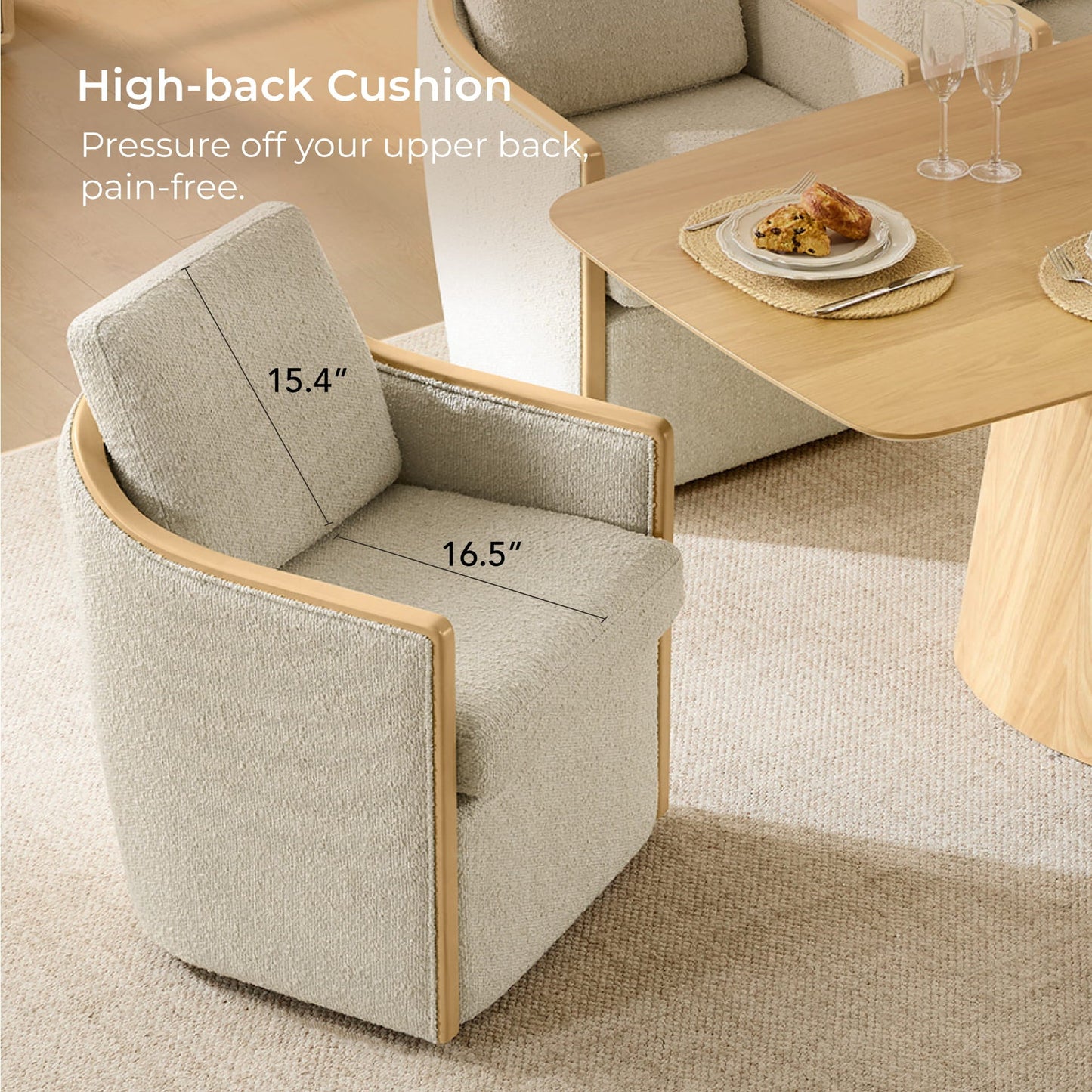 Boucle Dining Chair Set of 2 with Rolling Base