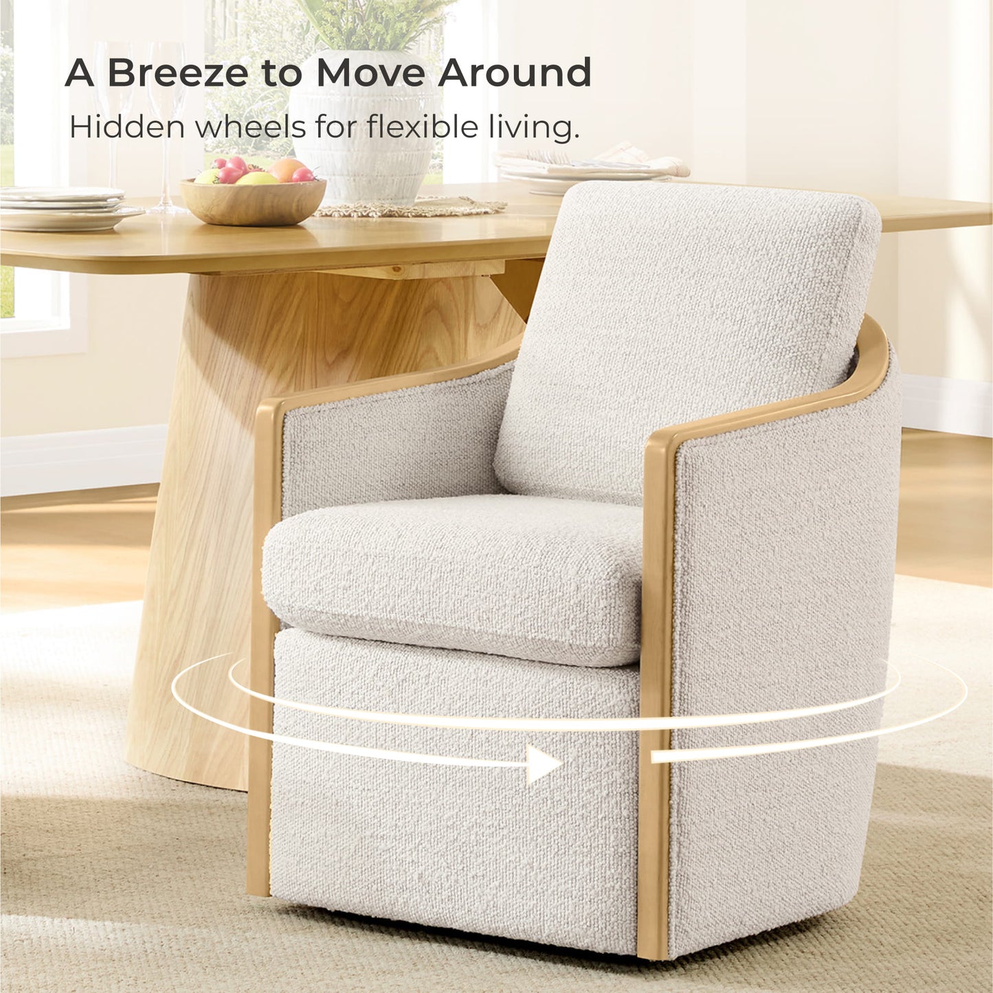 Boucle Dining Chair Set of 2 with Rolling Base