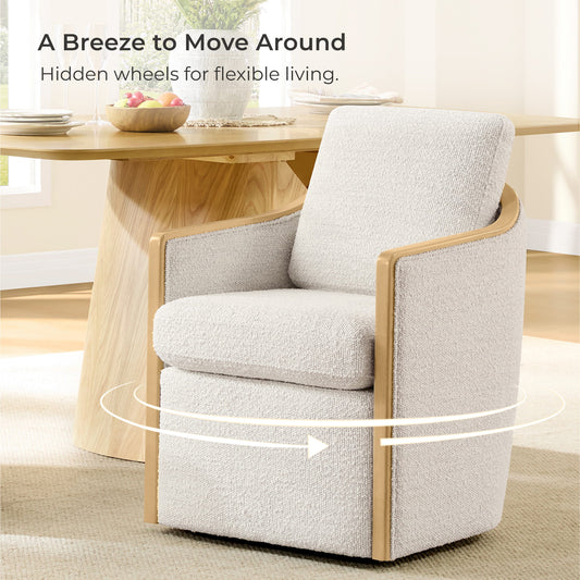 Boucle Dining Chair Set of 2 with Rolling Base