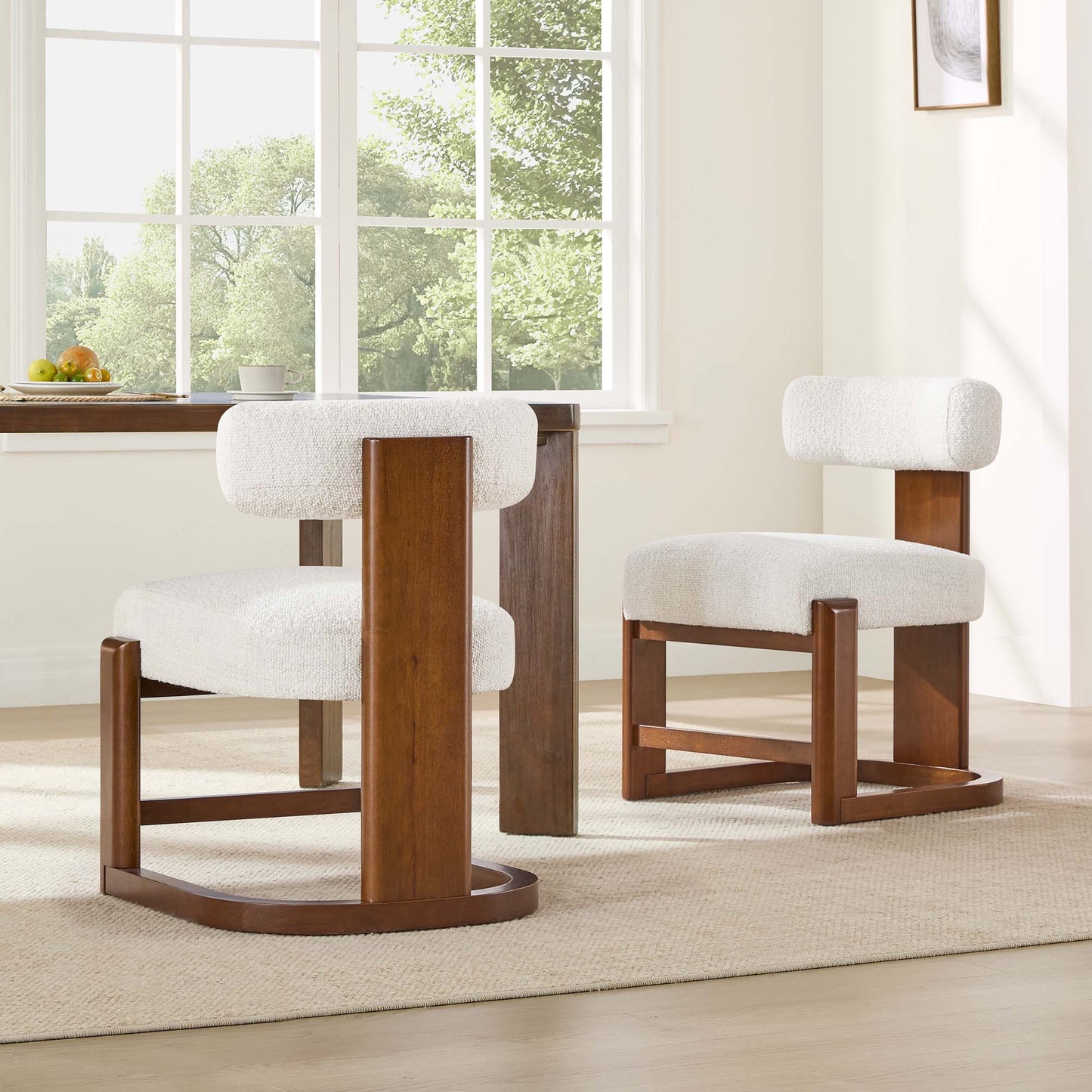 Boucle Dining Chair With Solid Wood Frame and Curved Back