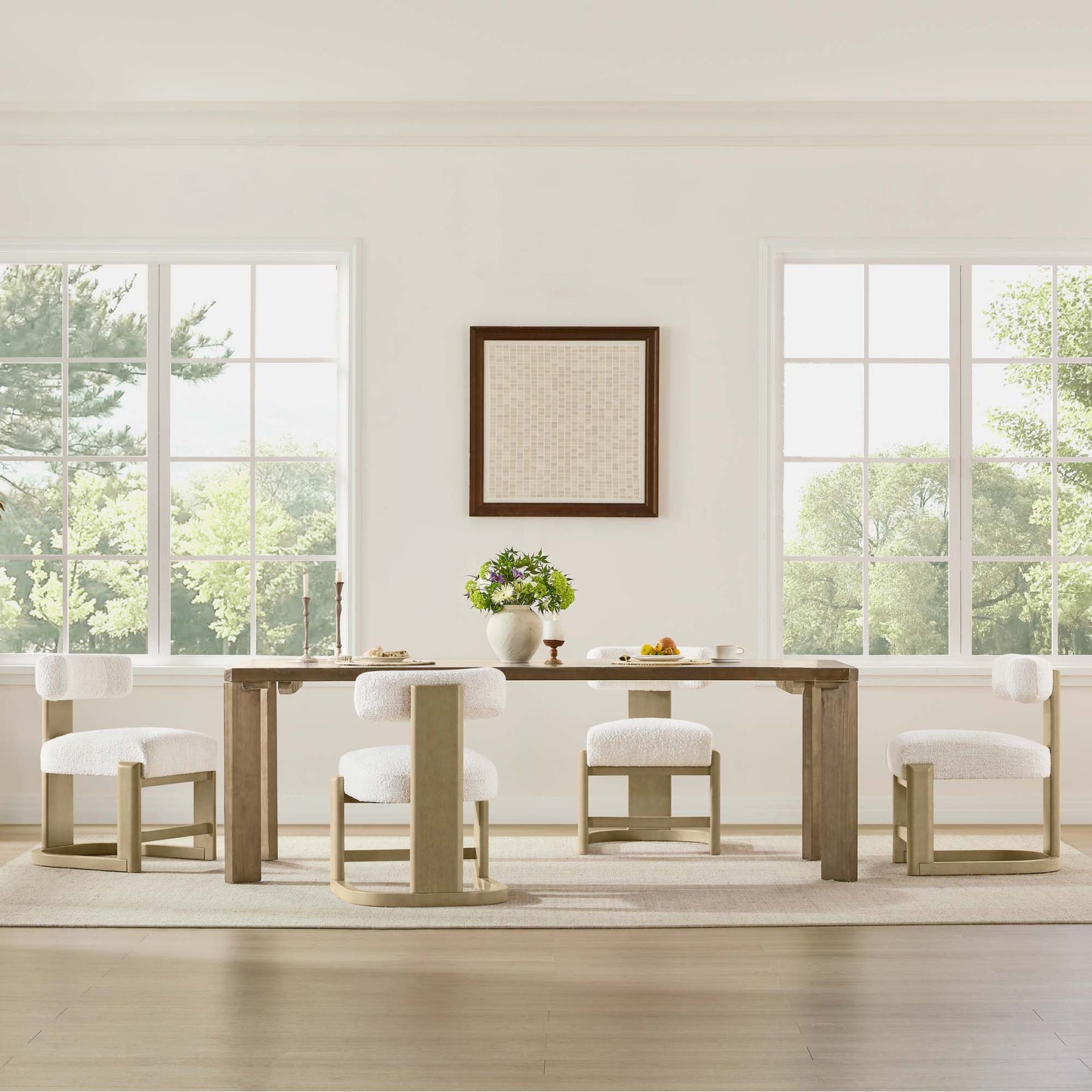 Boucle Dining Chair With Solid Wood Frame and Curved Back
