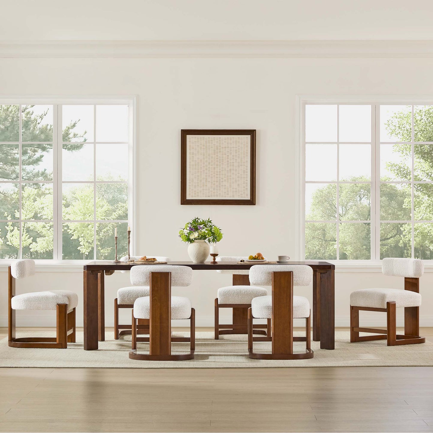 Boucle Dining Chair With Solid Wood Frame and Curved Back