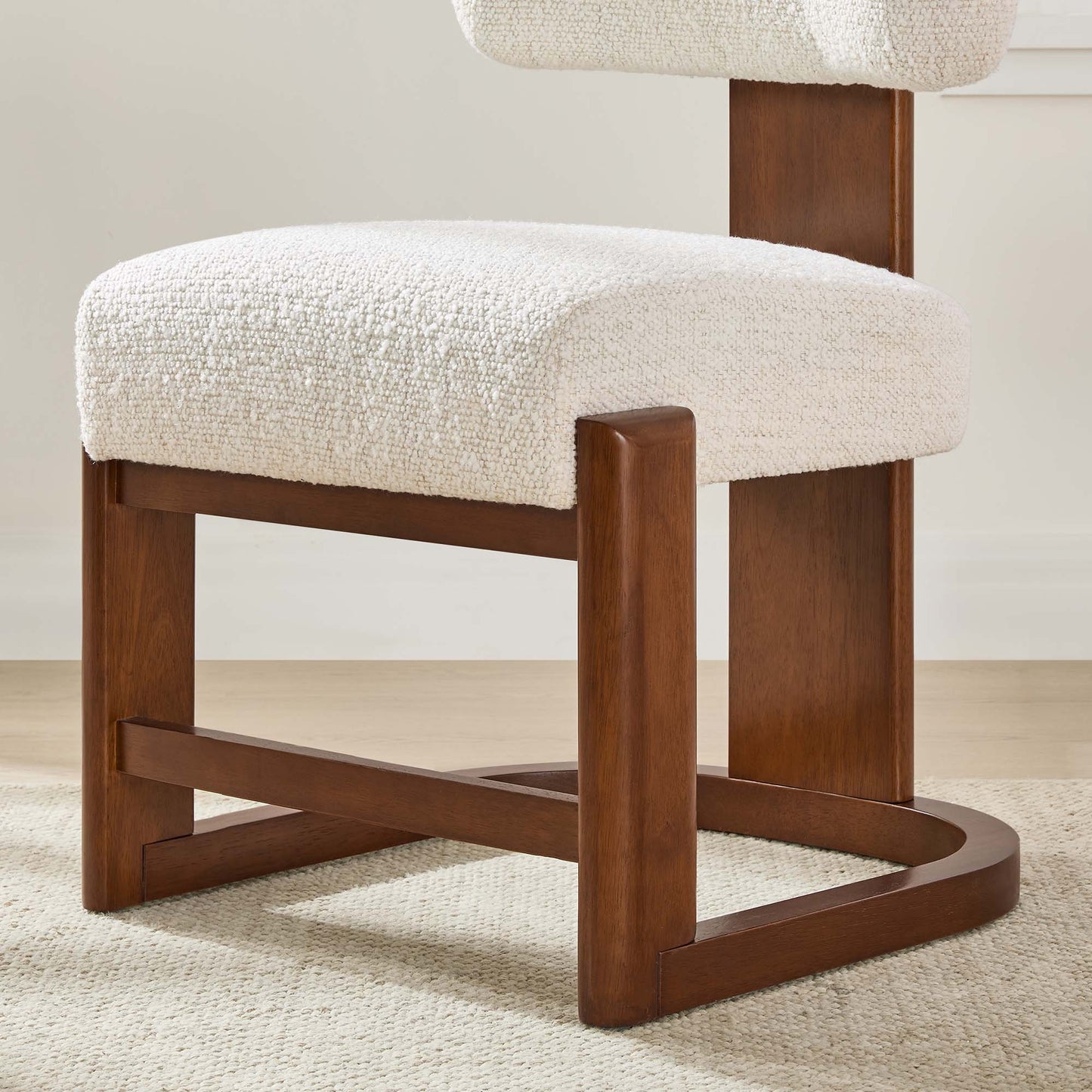 Boucle Dining Chair With Solid Wood Frame and Curved Back