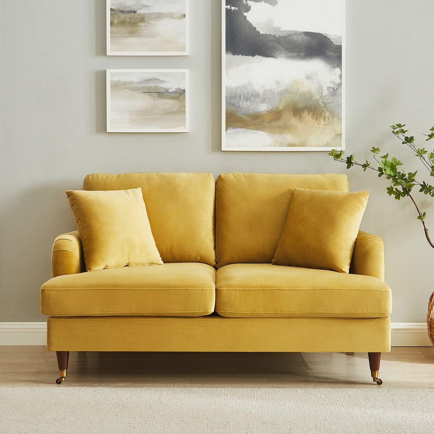 Brigette 2-Seater Mustard Velvet Sofa with Brass Castor Legs