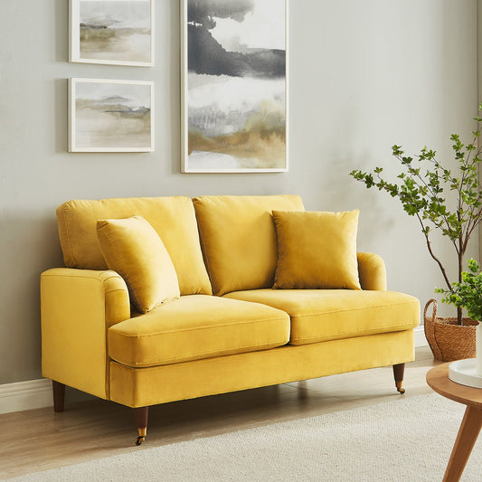 Brigette 2-Seater Mustard Velvet Sofa with Brass Castor Legs