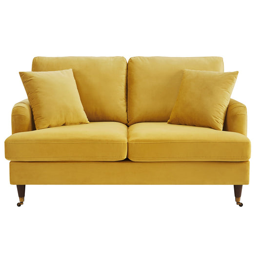 Brigette 2-Seater Mustard Velvet Sofa with Brass Castor Legs