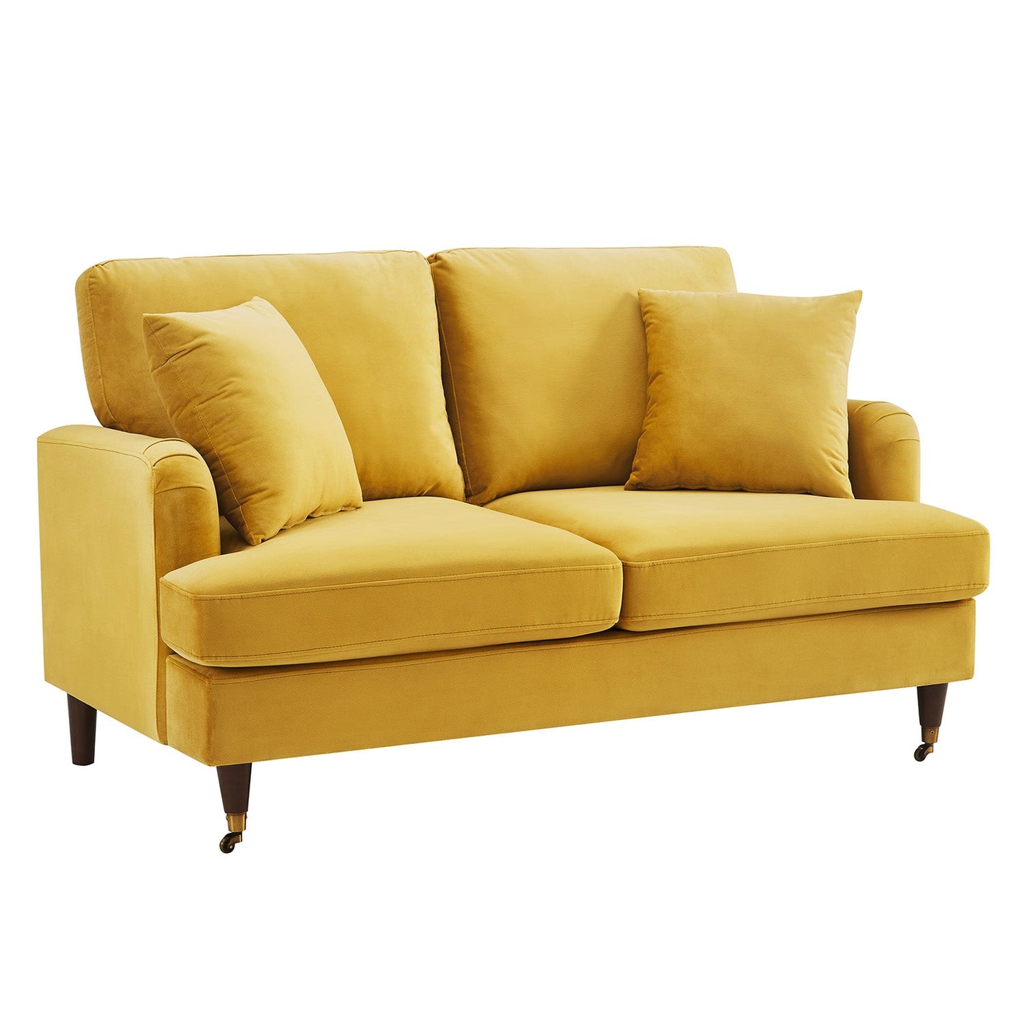 Brigette 2-Seater Mustard Velvet Sofa with Brass Castor Legs