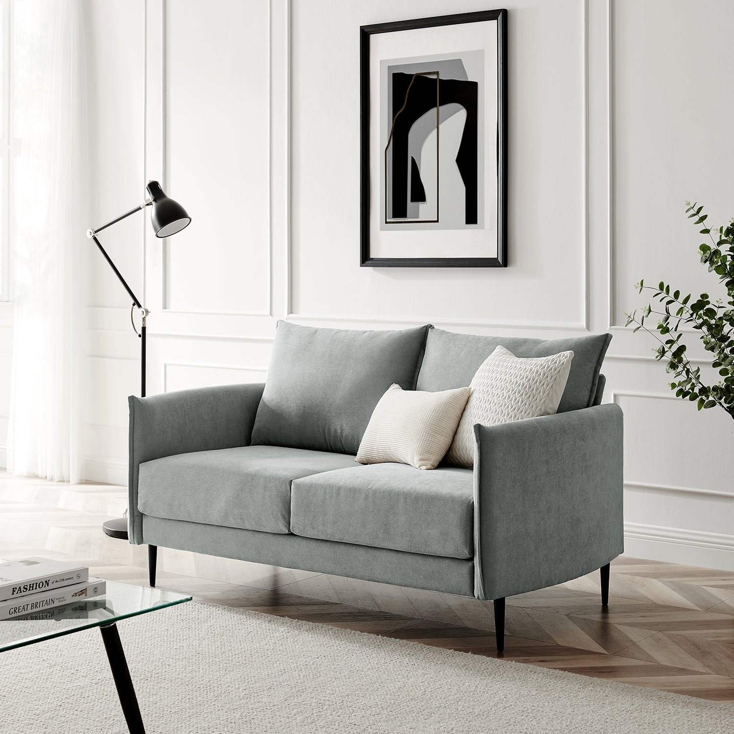 Brushed Fabric Sofa in Light Grey with Clean Lines