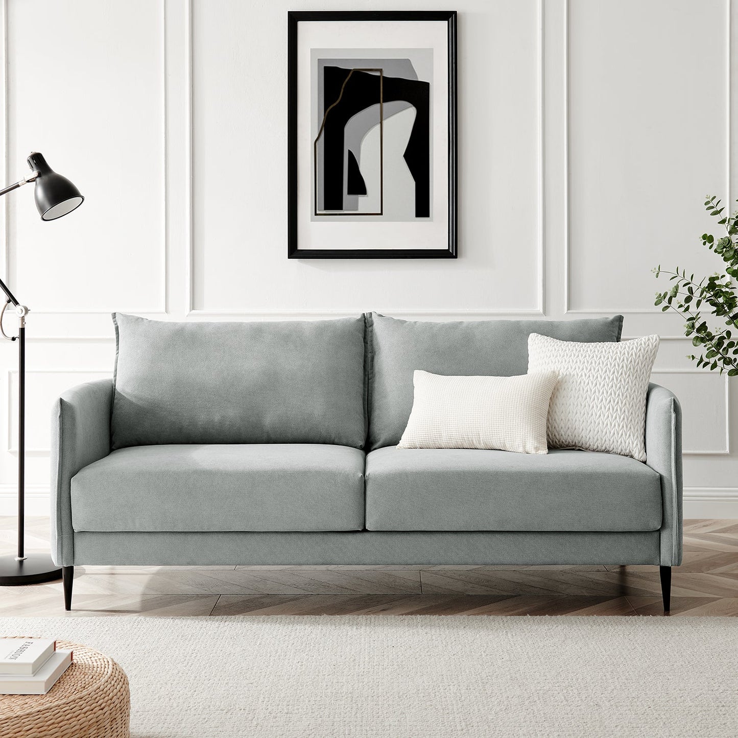 Brushed Fabric Sofa in Light Grey with Clean Lines