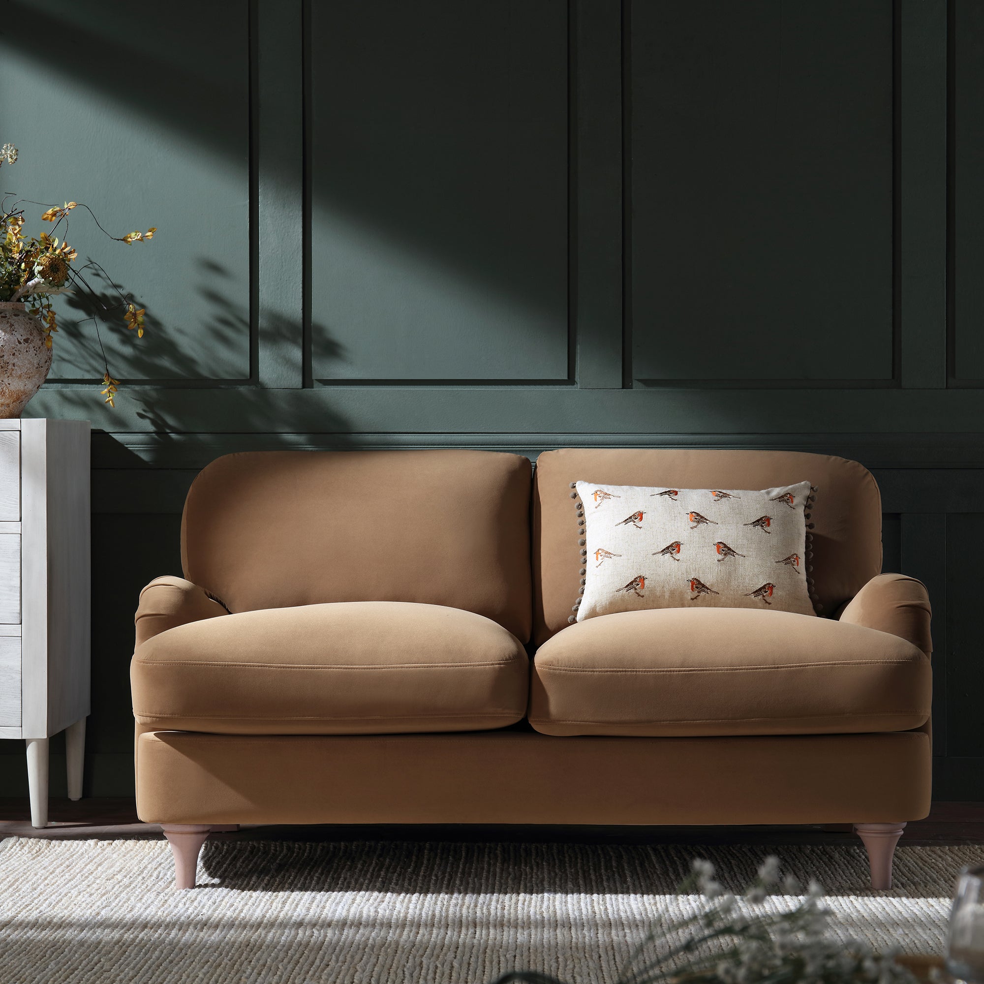 Camel Velvet 2-Seater Sofa with Curved Arms