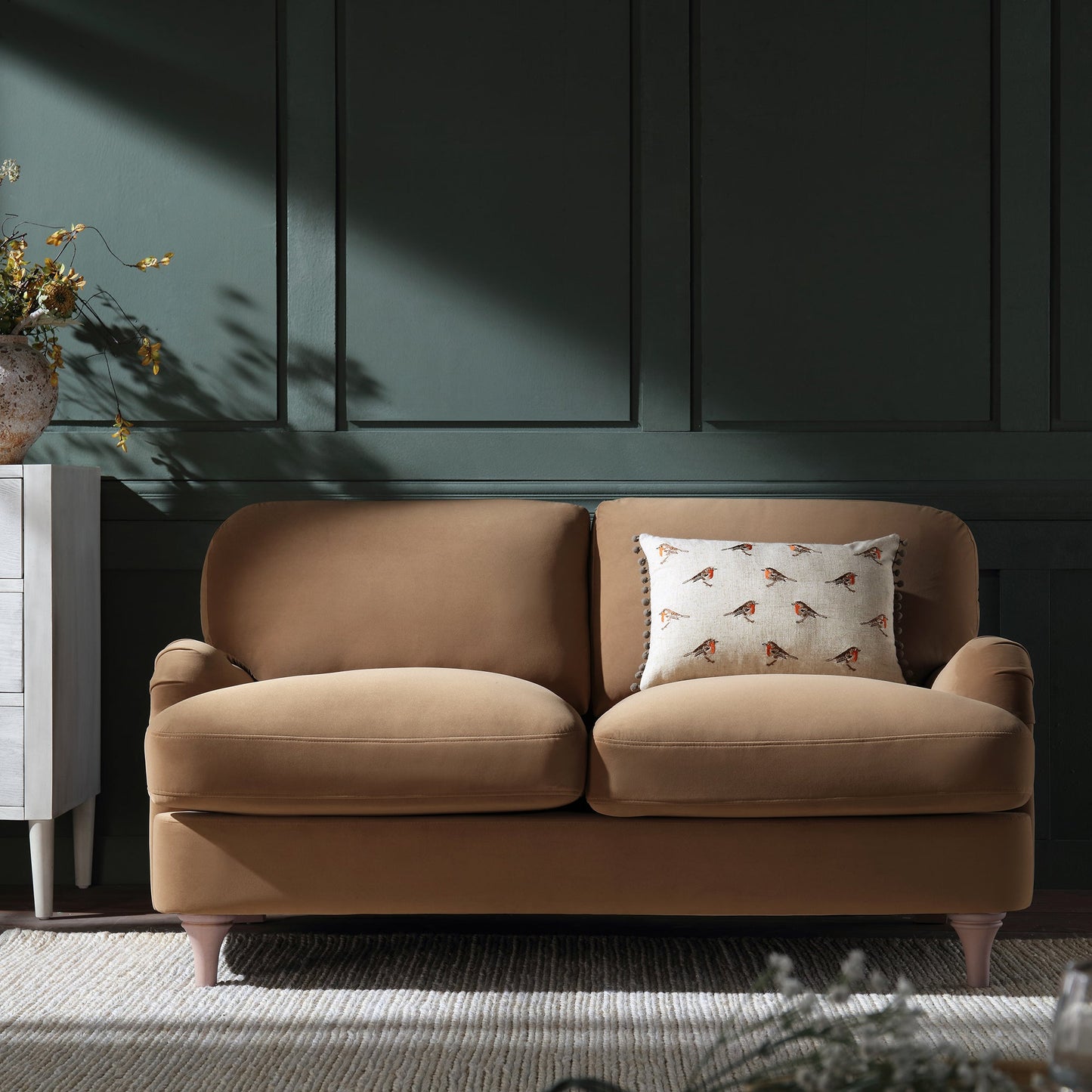 Camel Velvet 2-Seater Sofa with Curved Arms