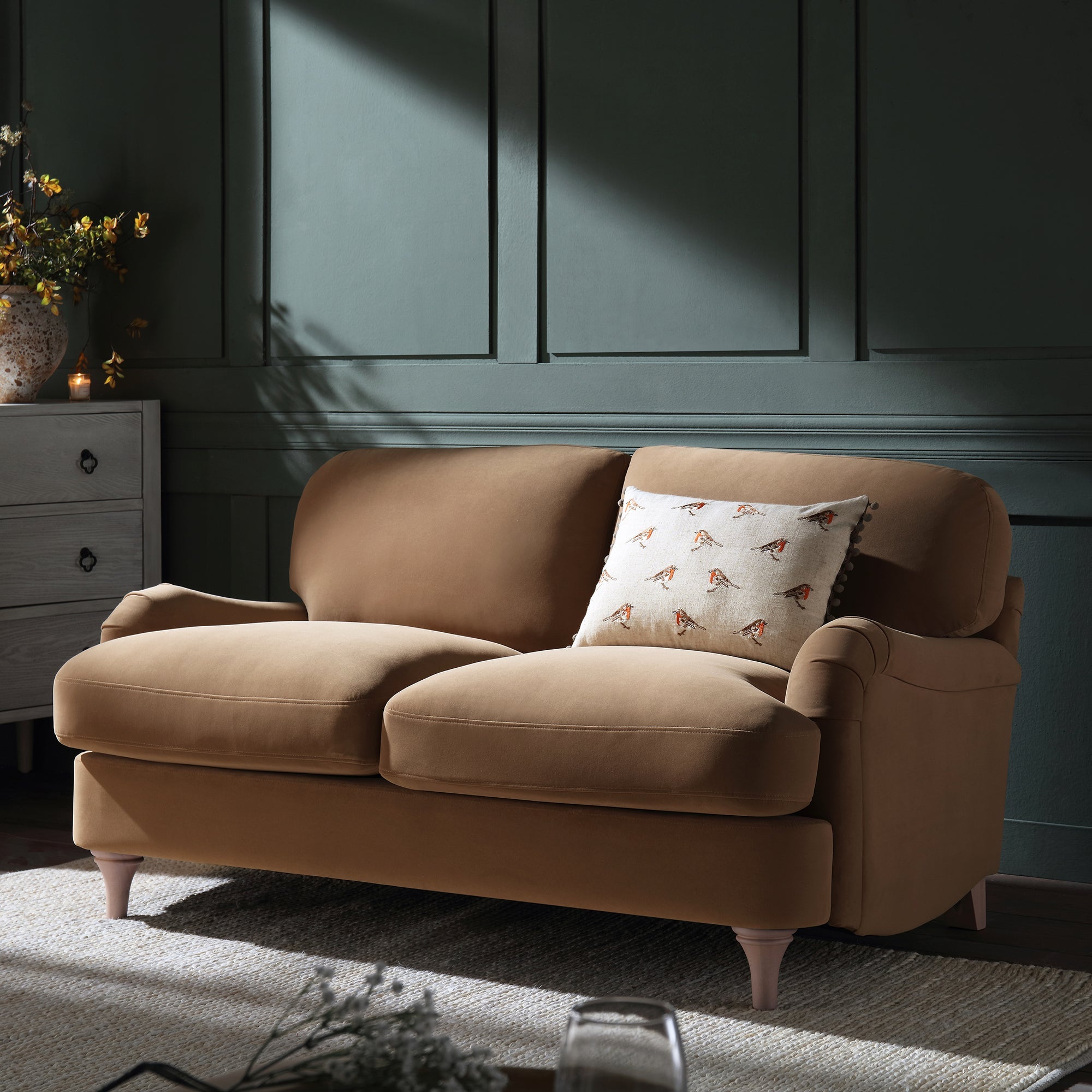 Camel Velvet 2-Seater Sofa with Curved Arms