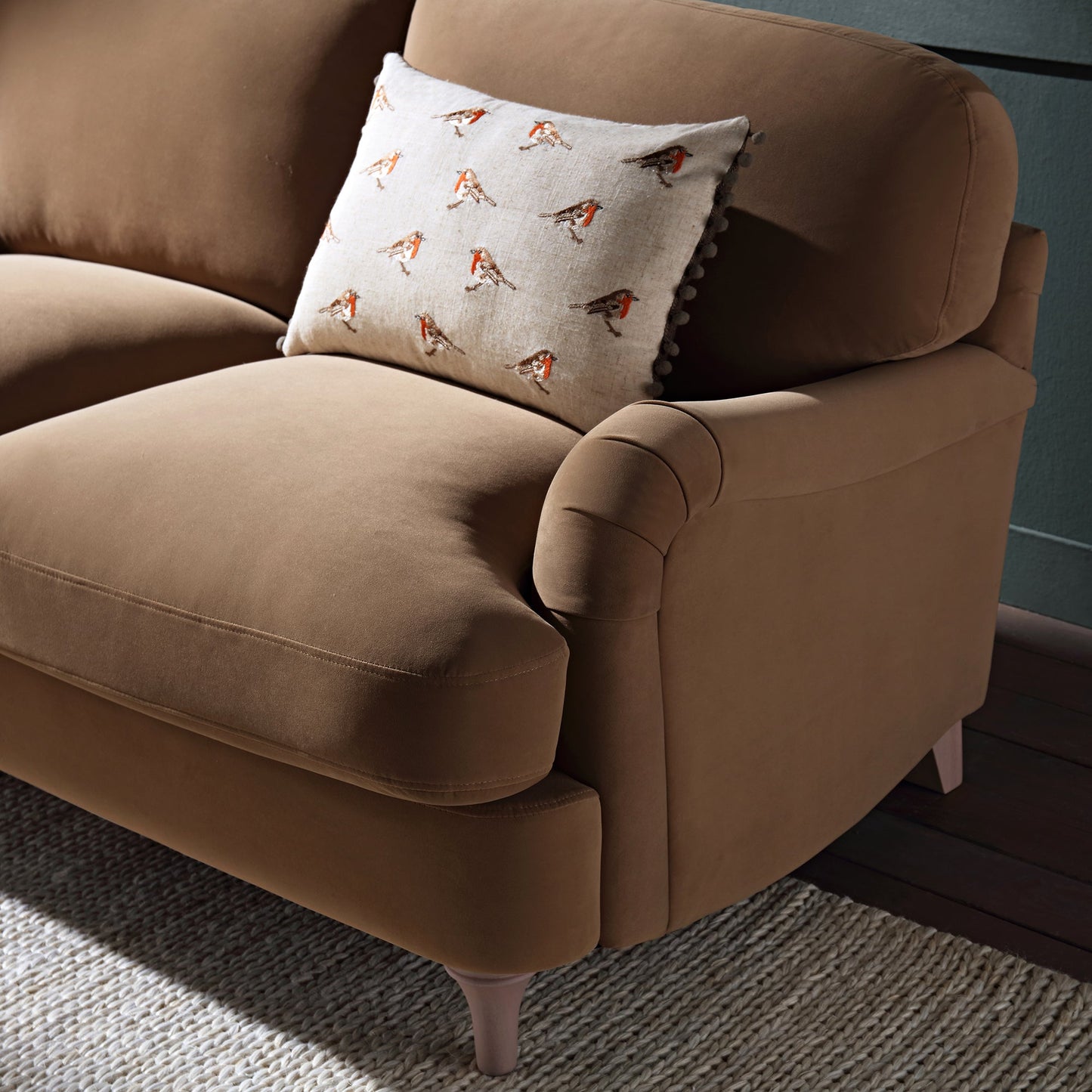 Camel Velvet 2-Seater Sofa with Curved Arms
