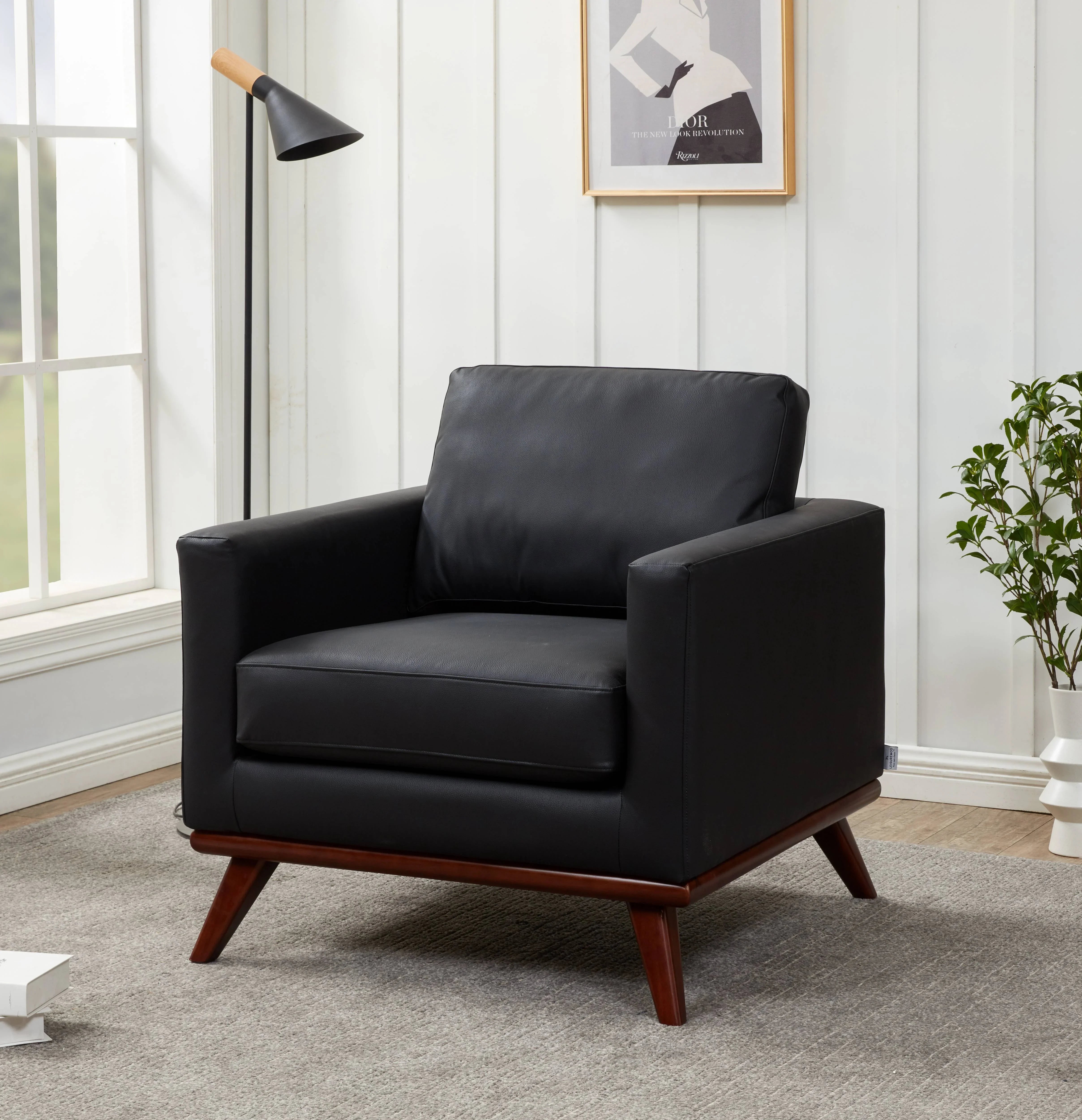 Chester Leather Accent Arm Chair with Birch Wood Base