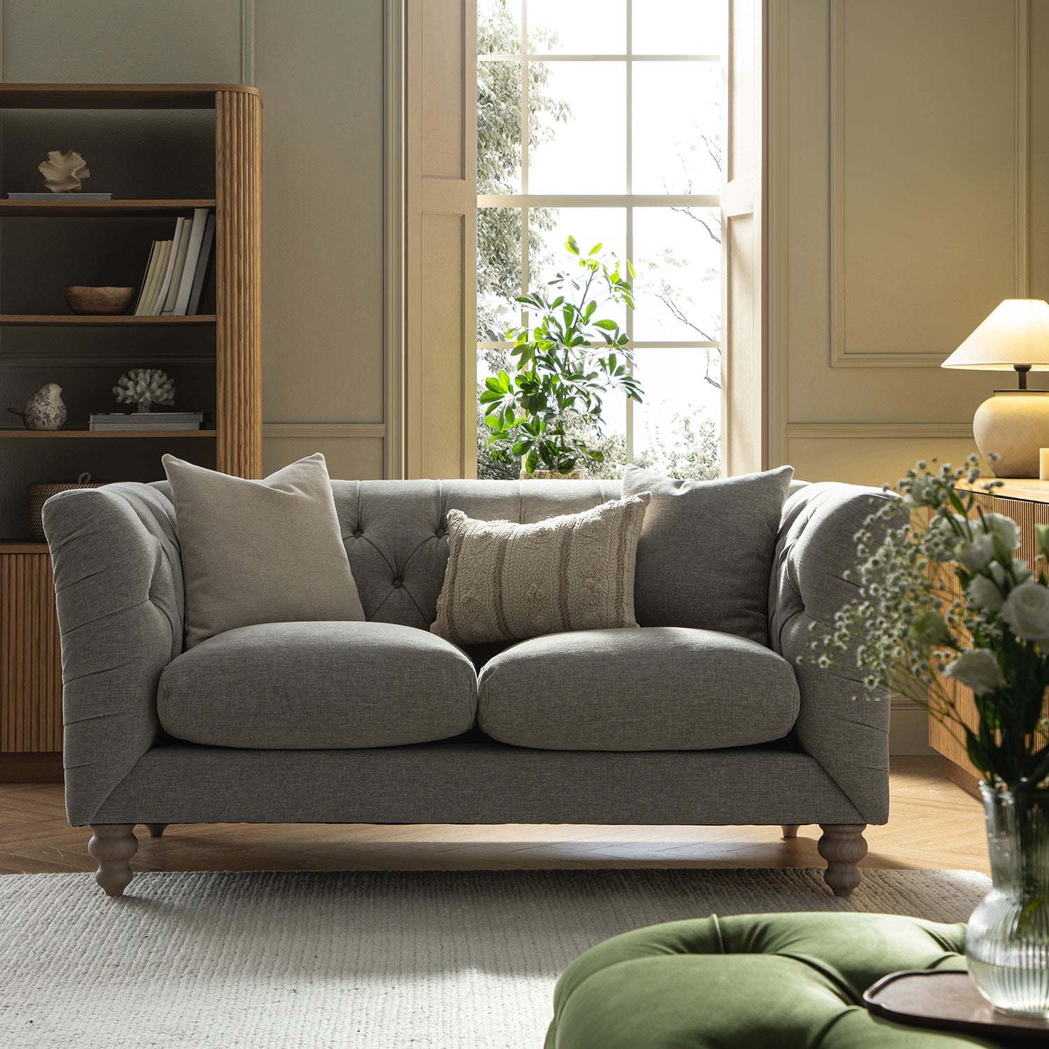 Chesterfield 2-Seater Sofa in Mist Grey Chenille