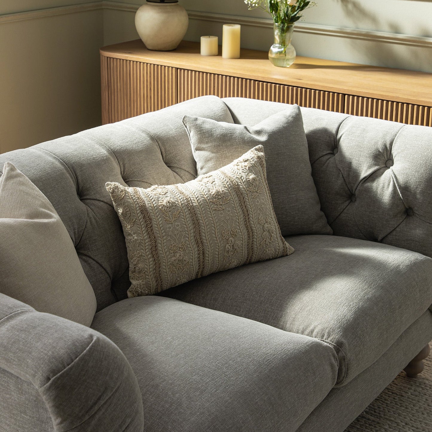 Chesterfield 2-Seater Sofa in Mist Grey Chenille