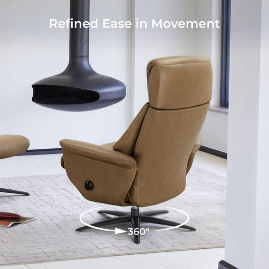 Swivel Reclining Chair with Ottoman in Genuine Leather