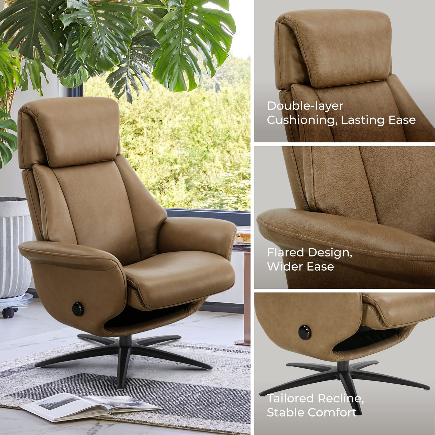 Swivel Reclining Chair with Ottoman in Genuine Leather