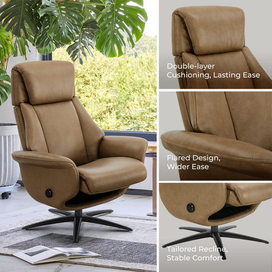 Swivel Reclining Chair with Ottoman in Genuine Leather