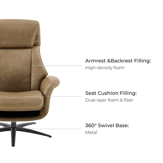 Swivel Reclining Chair with Ottoman in Genuine Leather