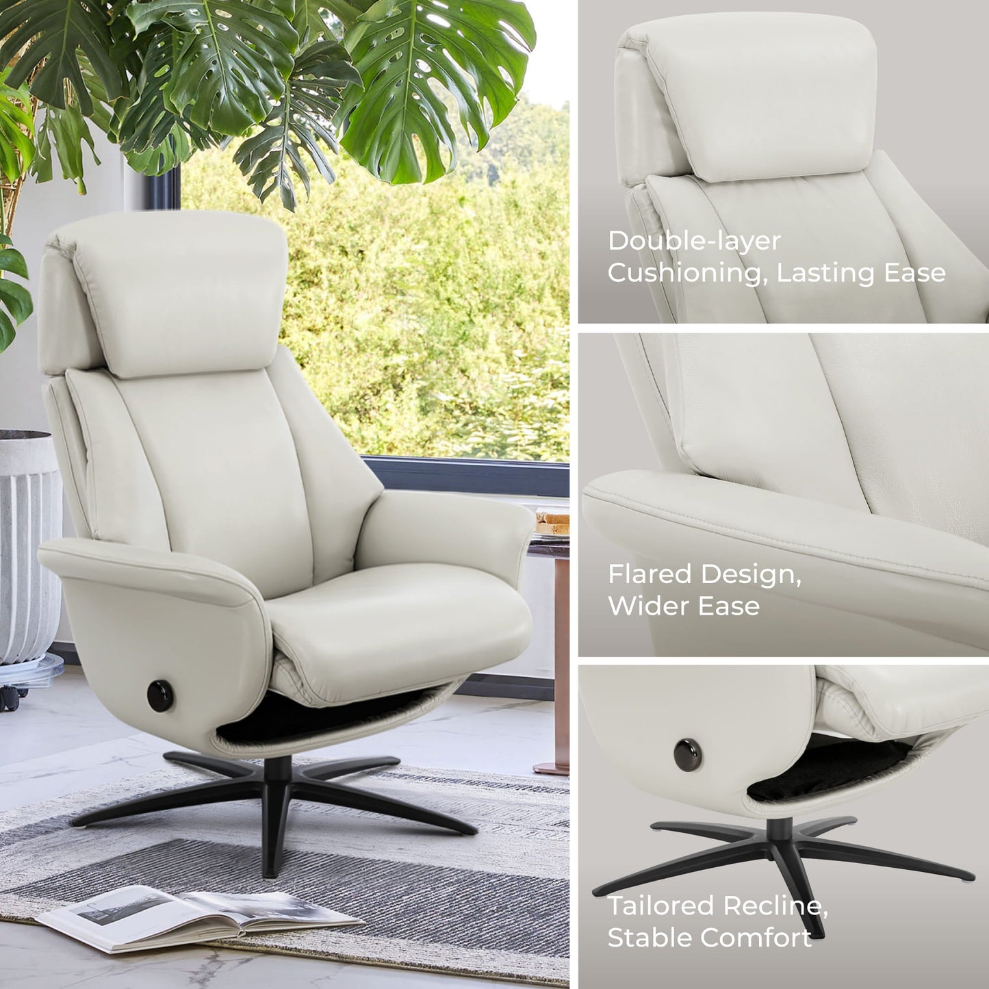 Swivel Reclining Chair with Ottoman in Genuine Leather