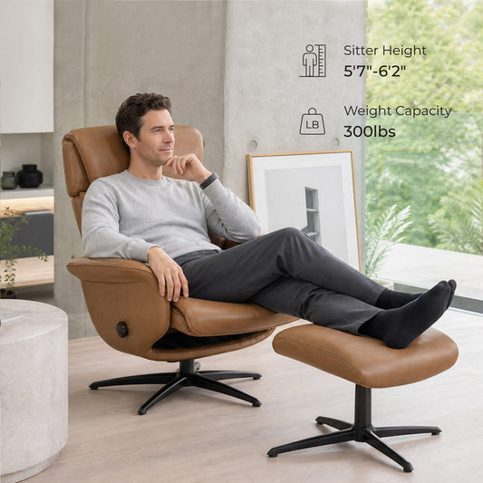Swivel Reclining Chair with Ottoman in Genuine Leather