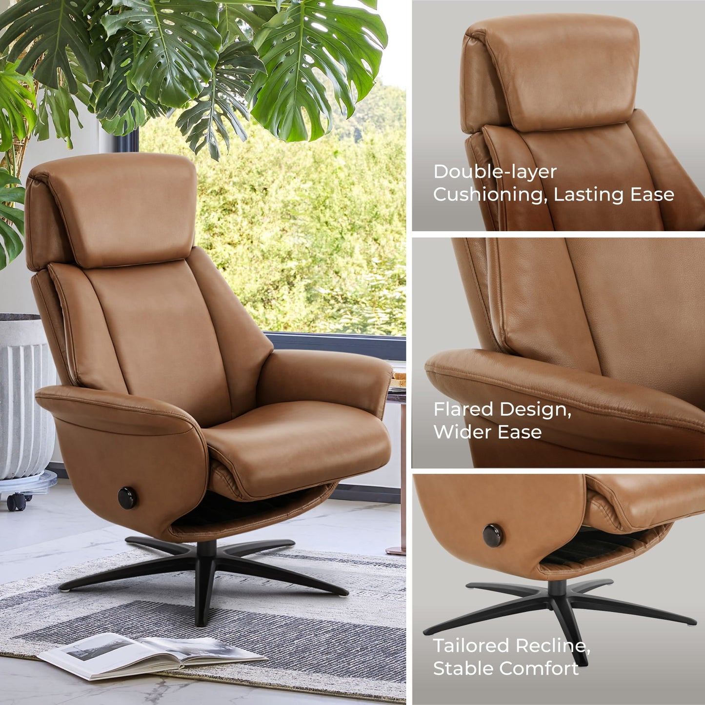 Swivel Reclining Chair with Ottoman in Genuine Leather