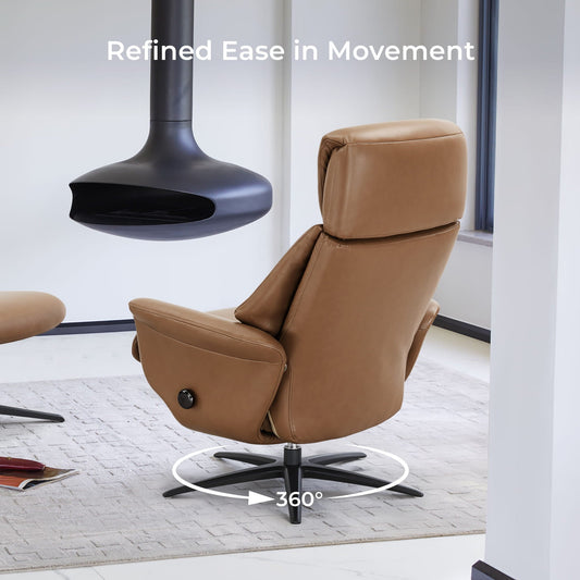 Swivel Reclining Chair with Ottoman in Genuine Leather