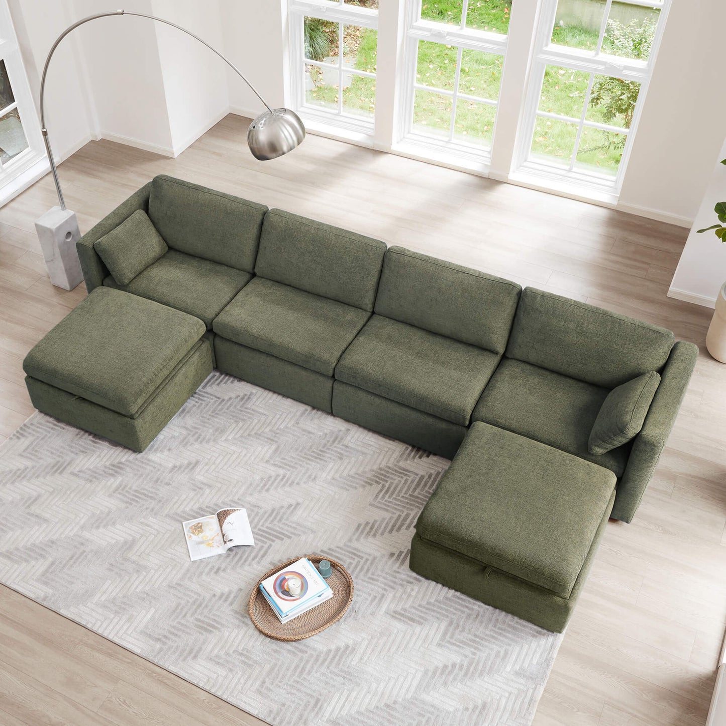 Modular Sofa Chaise in Grey with Storage Ottomans