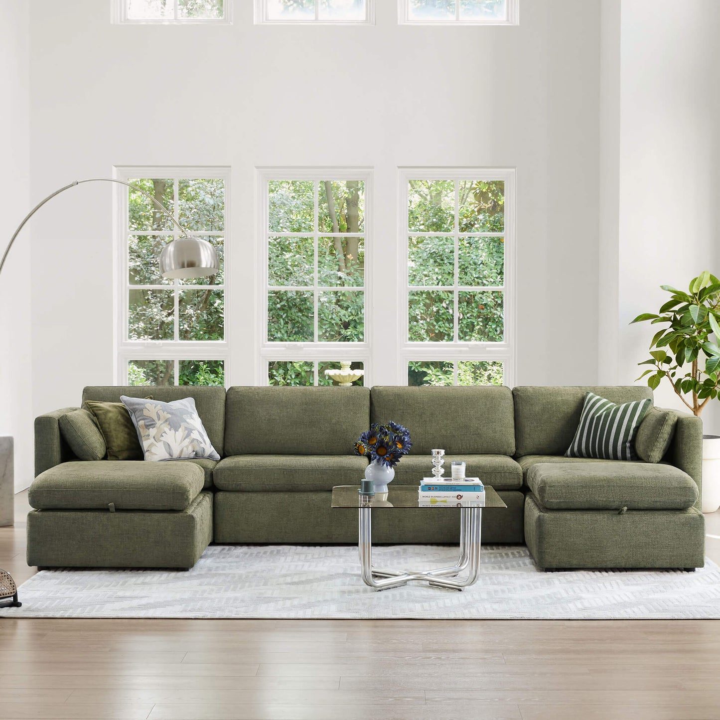 Modular Sofa Chaise in Grey with Storage Ottomans