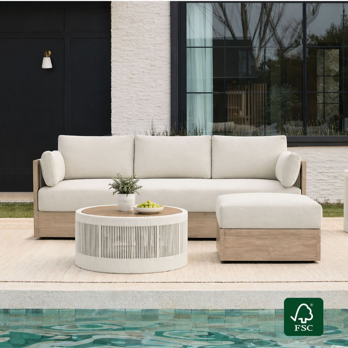 Clover 3-Seater Sofa in Acacia Wood with Rope Detailing