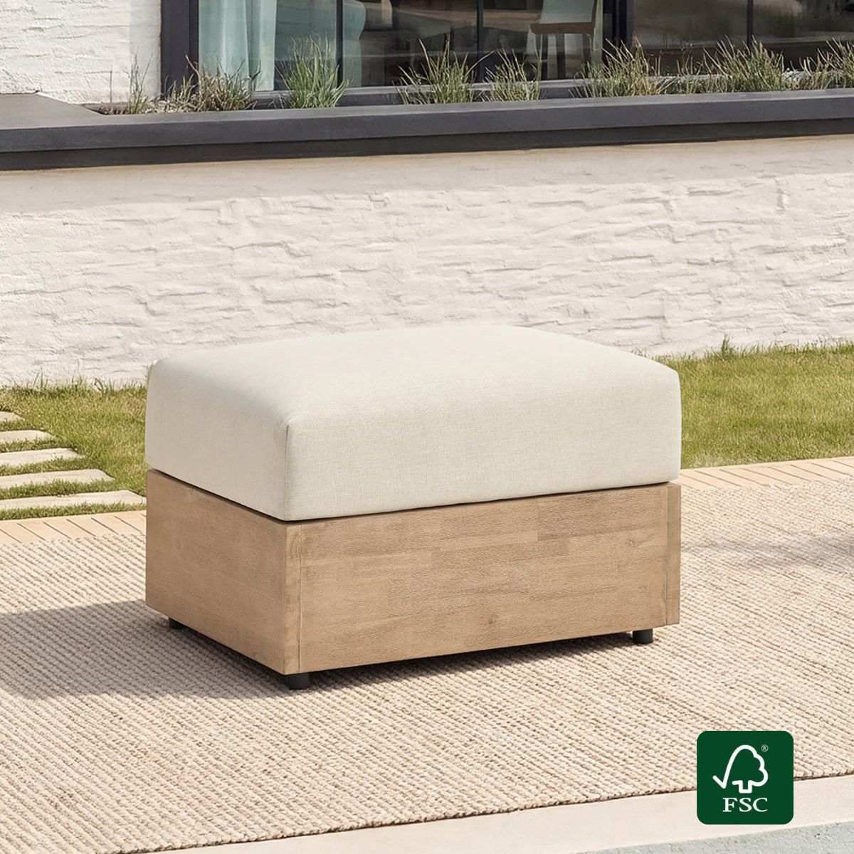 Clover Acacia Wood Outdoor Ottoman with Cushioned Top