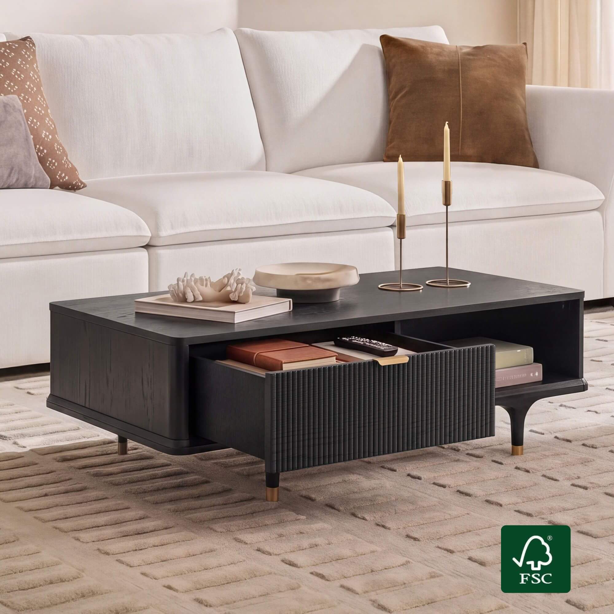 Coffee Table in Oak with Dual-Zoned Storage Compartments