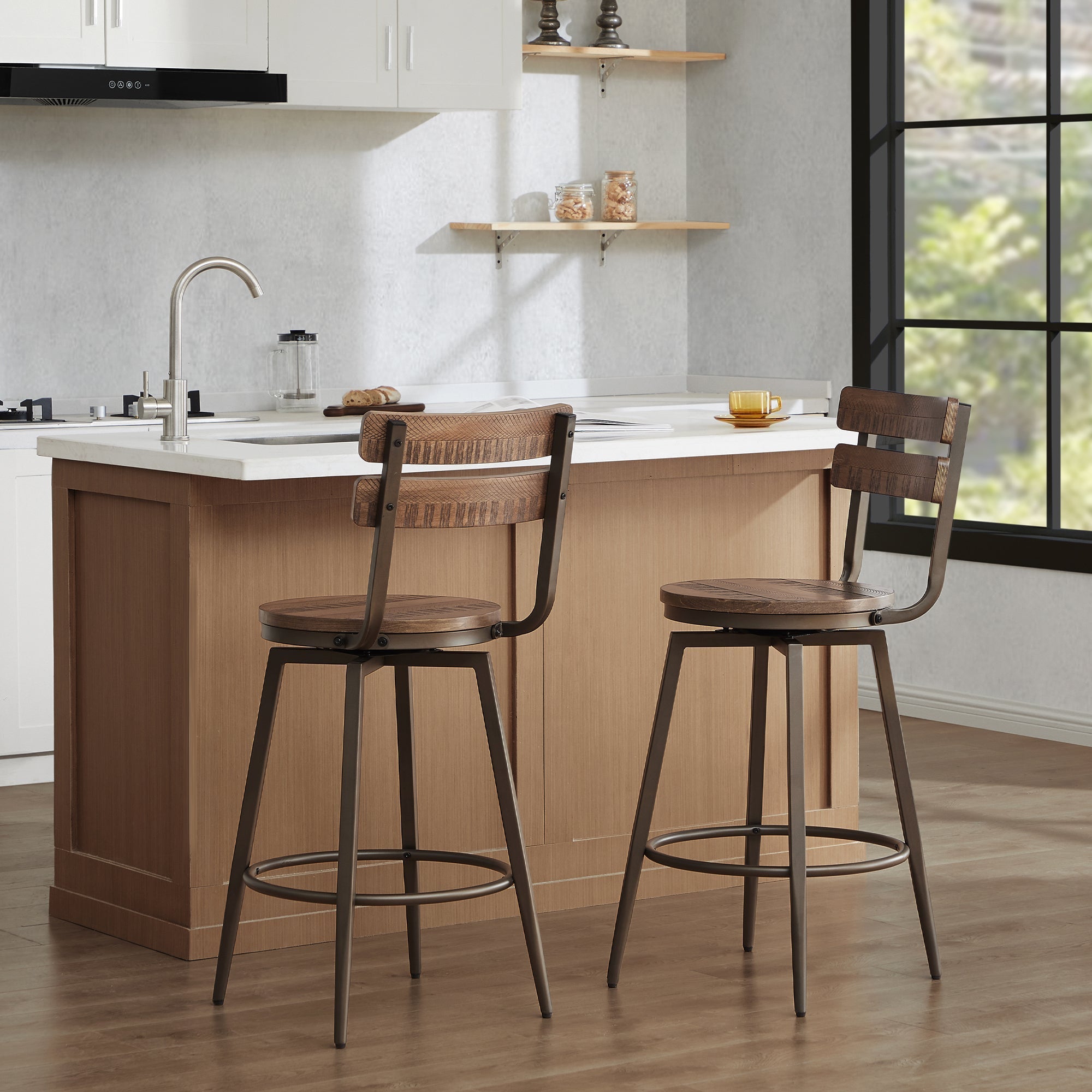 Counter Stools with Industrial Wood Seat and Metal Frame