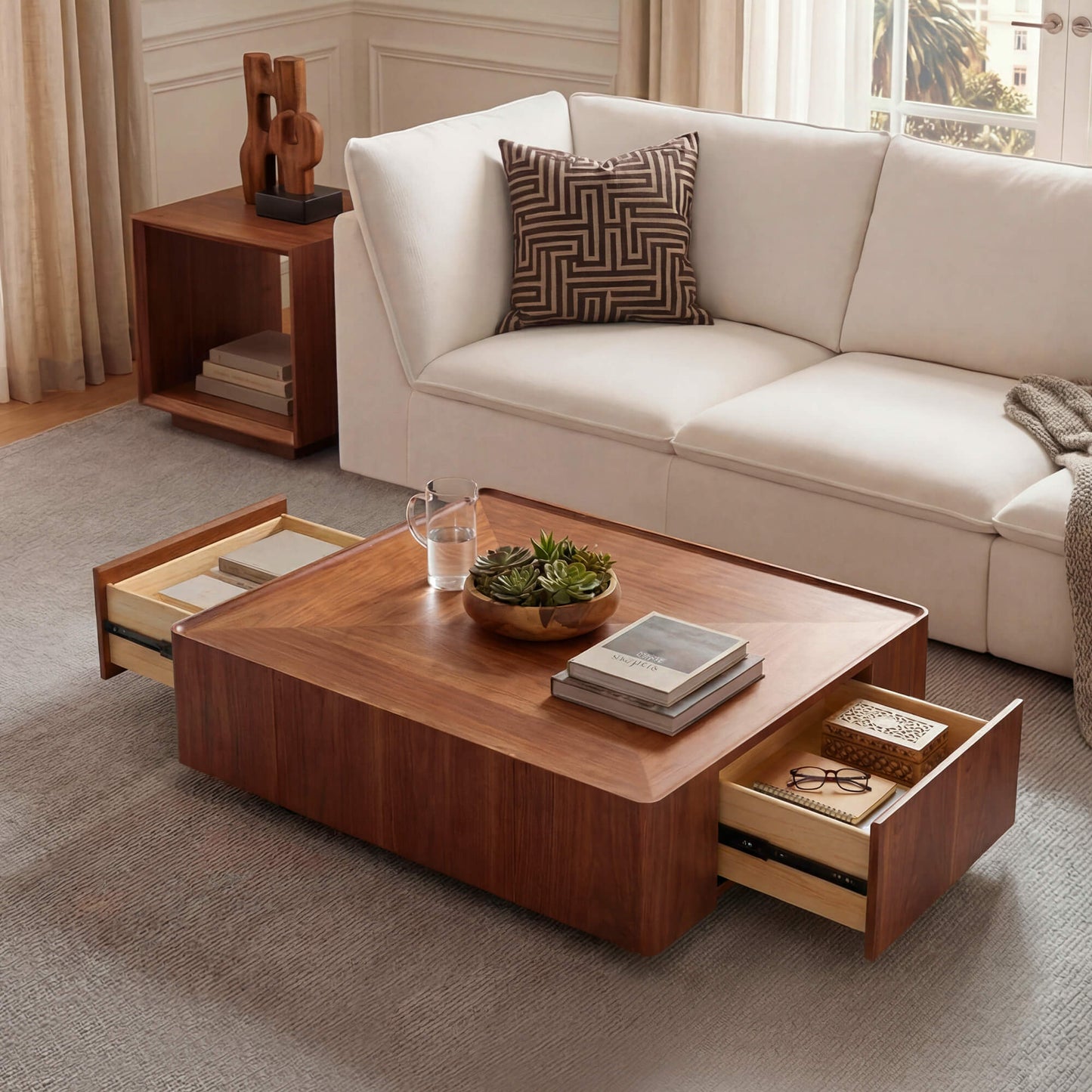 Cube Storage Coffee Table in Walnut with Two Drawers