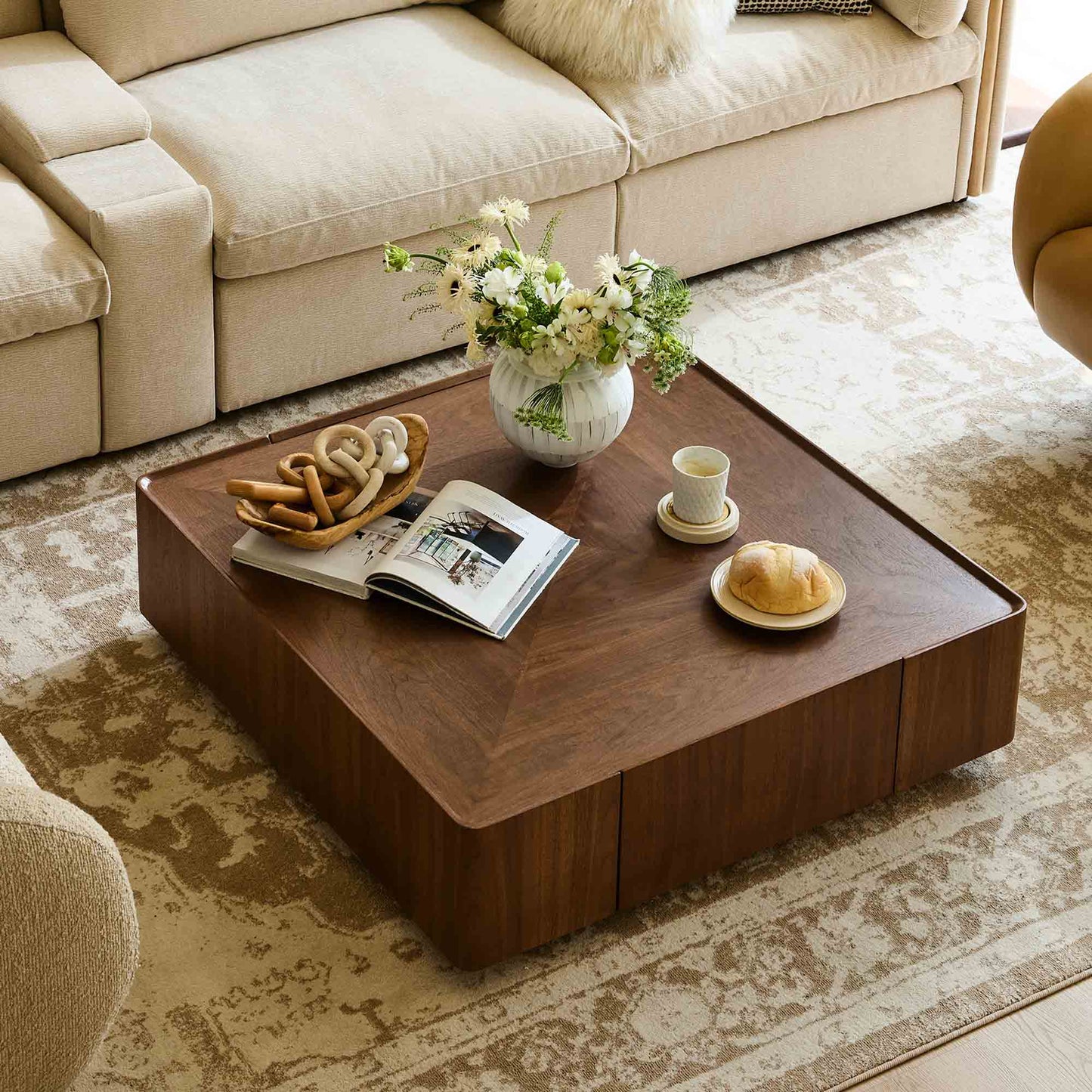 Cube Storage Coffee Table in Walnut with Two Drawers