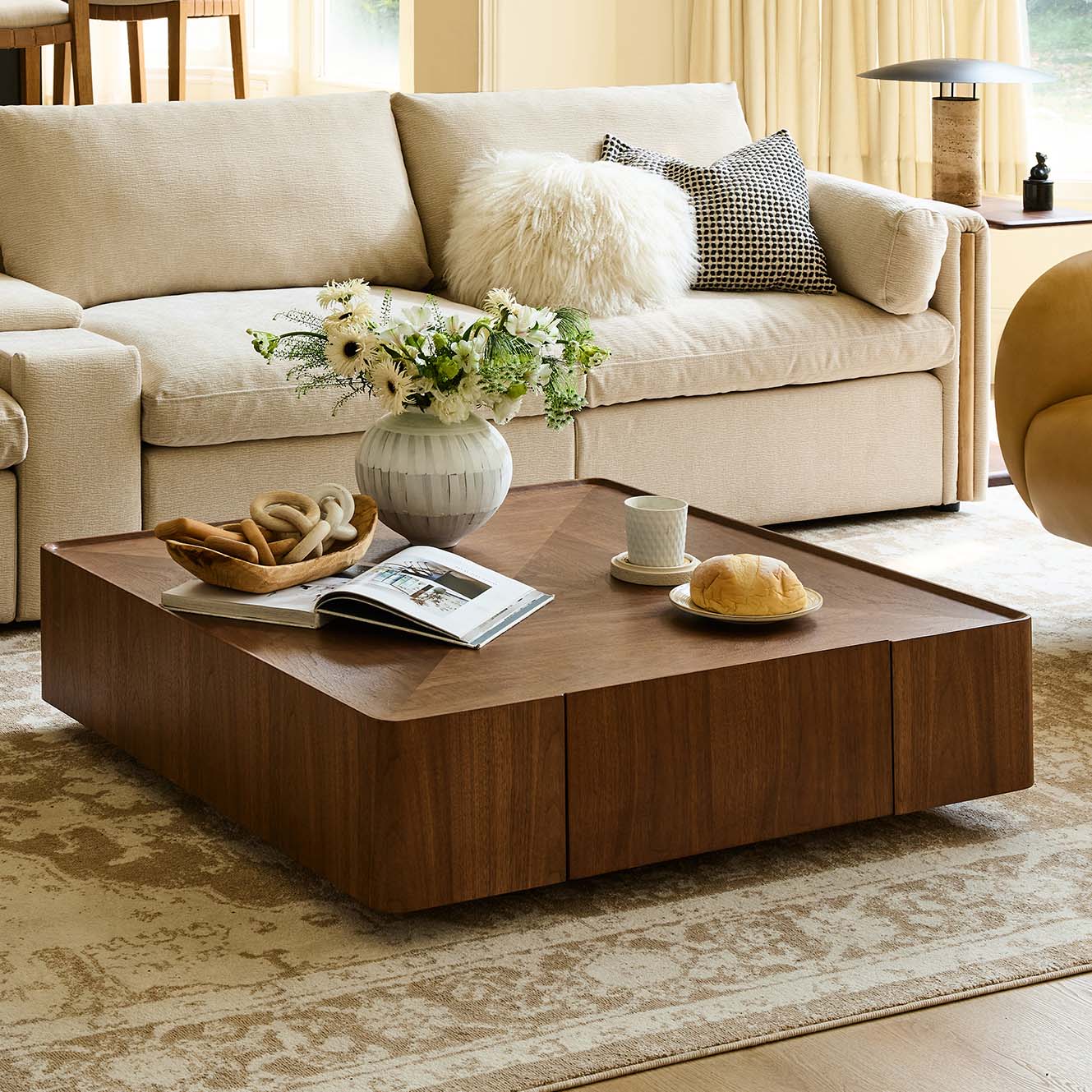 Cube Storage Coffee Table in Walnut with Two Drawers