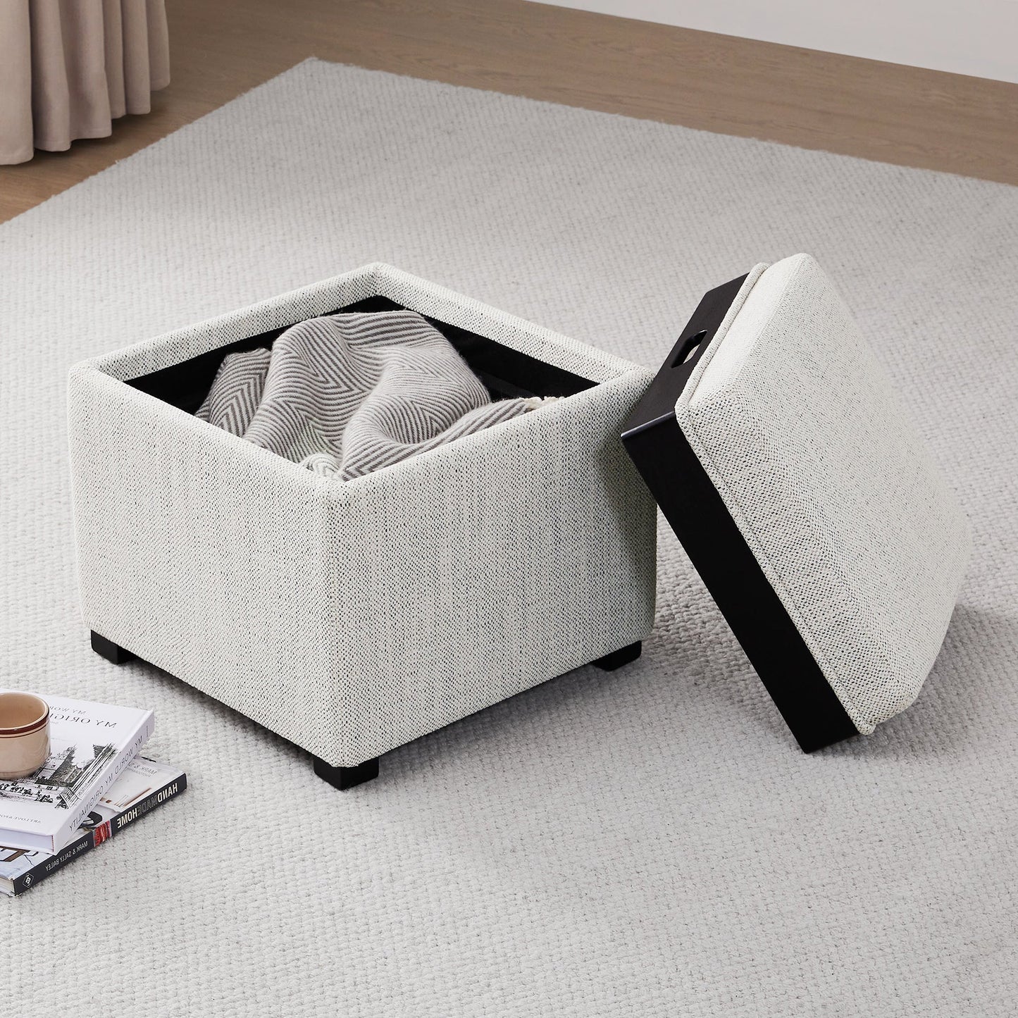 Cube Storage Ottoman in Fabric and Leather Blend