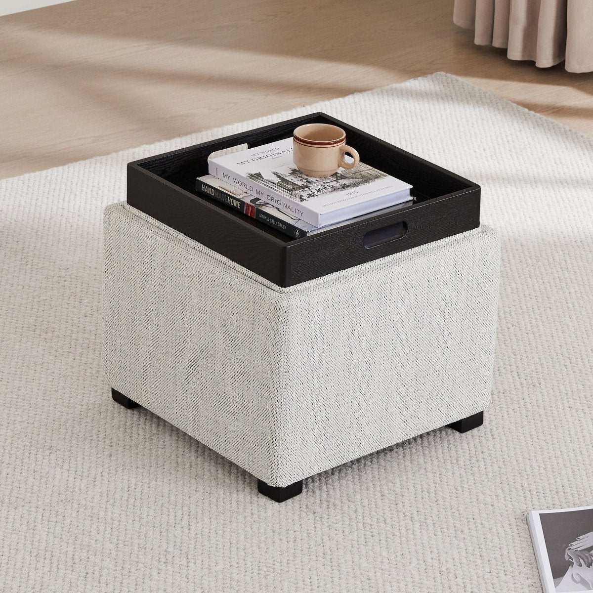 Cube Storage Ottoman in Fabric and Leather Blend