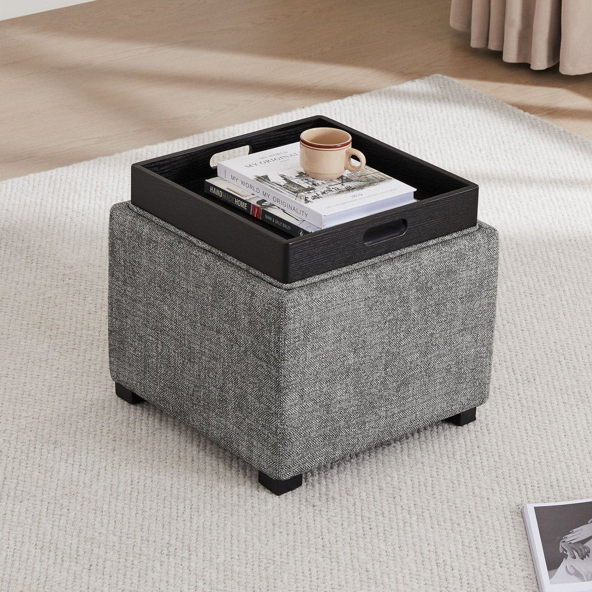 Cube Storage Ottoman in Fabric and Leather Blend